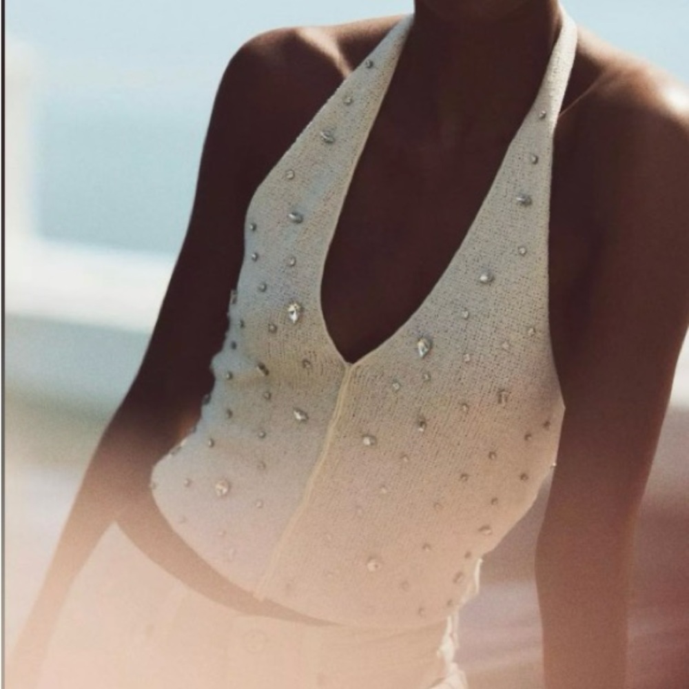 Zara Cream Halter Camisole with Beaded Embellishments